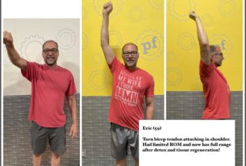 This image shows a series of three photos of a middle-aged man with glasses and a gray beard wearing a red t-shirt and gray shorts. The t-shirt has text on it that reads 