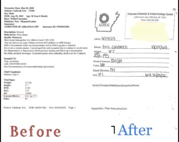 The image shows a medical record form for a patient named Eric Caldwell. The form is from the Arkansas Diabetes & Endocrinology Center and contains various patient details and medical information. Key details include: - Encounter date: March 3, 2020 - Patient's date of birth: August 29, 1963 - Chief complaint: Diabetes Type 2 - Vital signs including weight (211 lbs), height (6'1